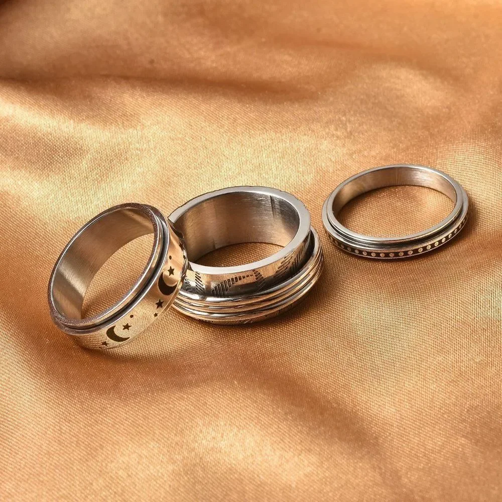 Stress Buster Spinner Ring in Stainless Steel Set of 3 Size 10
